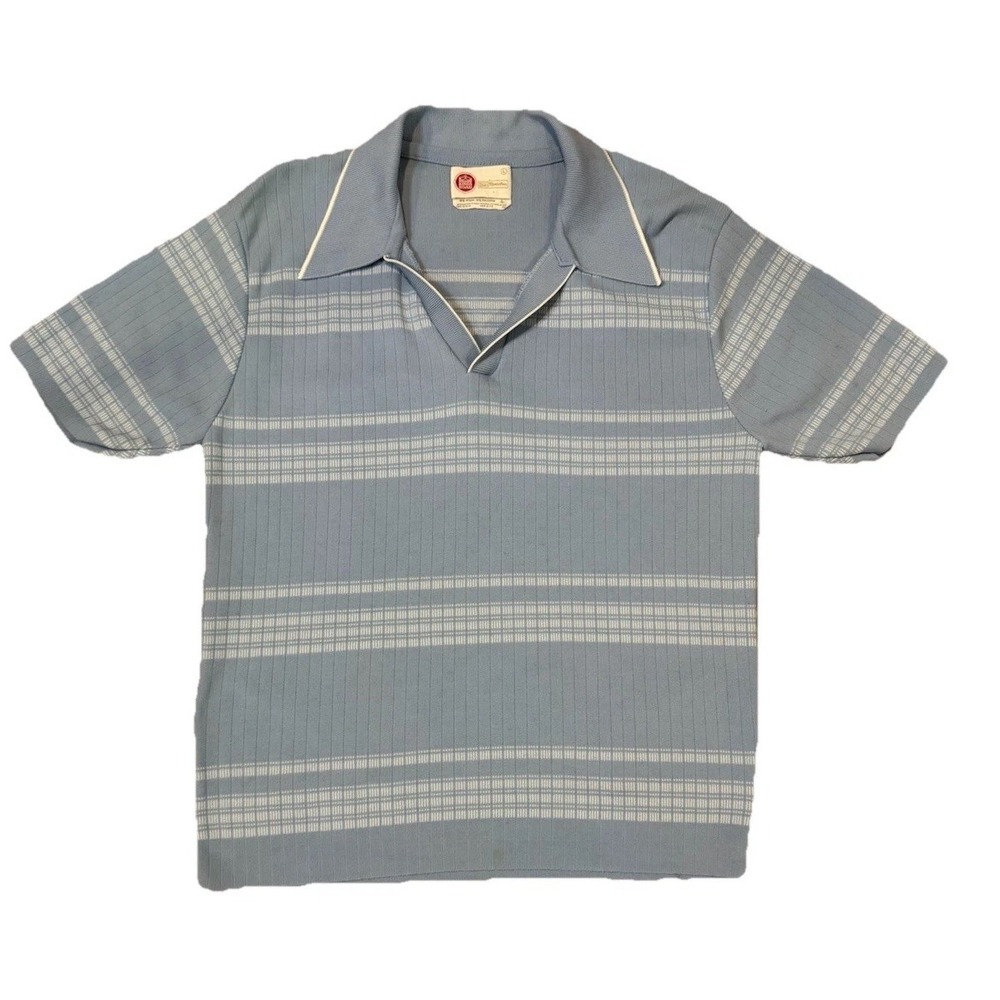 Vintage Sears Kings Road Polo Shirt Mens Large 60s 70s Collar Textured Knit Blue